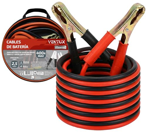 Cables de Batería 400A – Cable Arranque 12V para Coche Gasolina hasta 3000cc y Diésel hasta 2000cc – 2,5 m con Pinzas Aisladas – Ventux Gear