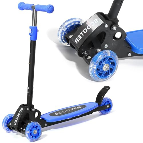 HOSKO Kick Scooter for Kids 2-7 AgeοΌ Light up 3 Wheels Kick Scooter, Heavy Duty Folding Lean-to-Steer Scooters with 3 Adjustable Handlebar for Boys Girls Blue