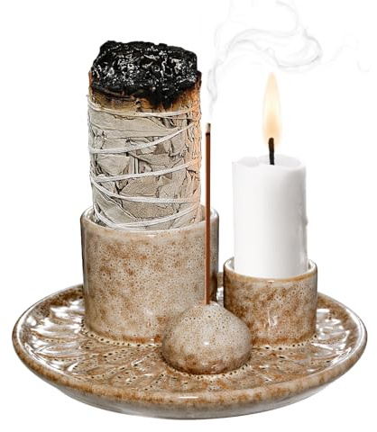 4-in-1 Ceramic Incense Burner Holder, Incense Holder for Palo Santo Sticks | Multifunctional Incense Burner Holder for Cones, Sage & Candles, Ideal for Home Decor, Meditation, Yoga (Khaki)
