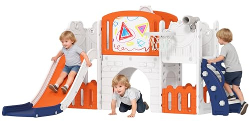 AIYAPLAY 7 in 1 Toddler Slide Set with Basketball Hoop, Outdoor & Indoor Frog Theme Playset with Climbing Frame, Telescope, Drawing Board, Storage Box for Toddlers Ages 1-3, Orange