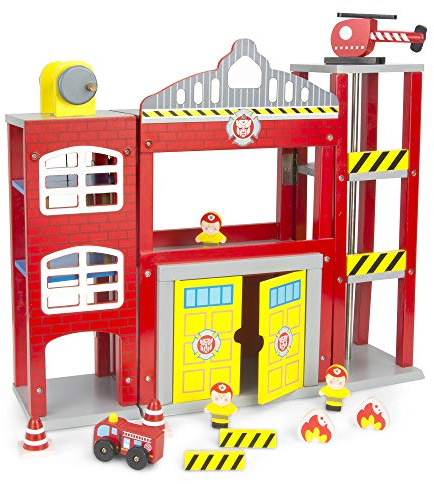 Leomark Großstadt-Feuerwache aus Holz - mit Helikopter - Feuerwehr-Station mit Einsatzfahrzeug, Feuerwehrauto Scania, Feuerwehrmann Figuren, Feuerwehrstation mit Zubehör für Kinder