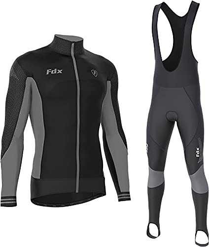 FDX Men's Thermodream Winter Cycling Suit - Italian Thermal Roubaix Windproof Clothing Set - Long Sleeve Jersey with 3D Padded Bib Tight for Biking, Bicycle Riding, Outdoor Sports (Grey-M)