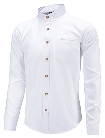 Dioufond Banded Collar Shirts Oxford Mandarin Collar Shirt for Men White Collarless Dress Shirt XL