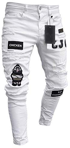 Jeans Déchiré pour Homme Slim Dechiré Jean Biker Fashion Troué avec Sport Voyage Pantalons Blanc XL