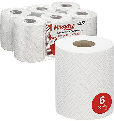 Panno in carta per uso igienico e alimentare WypAll® L10 6222 - Panni per la pulizia asciutti a 1 velo - 6 rotoli a dispensazione centrale bianchi x 430 panni di carta (totale 2.580)