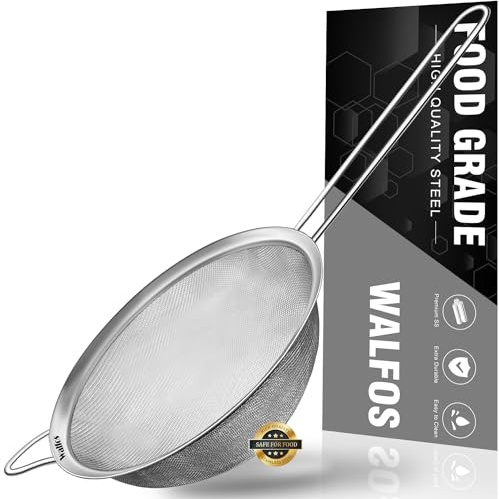 Walfos 6.3 Inch Fine Mesh Strainer, Premium Stainless Steel Sieve and Sifter with Handle, Kitchen Metal Strainers for Rice, Quinoa, Fruits, Noodles, Flour