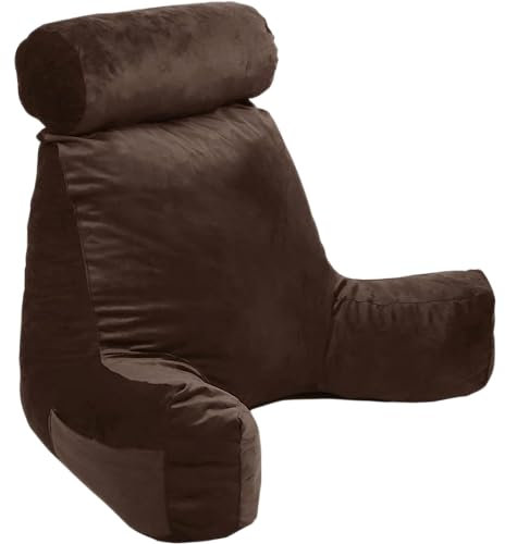 Bananair - Cojín Lectura Cama - Tela de Terciopelo, Suave y Agradable - Relleno de Espuma, Cómodo - Óptimo Apoyo para la Espalda, Prácticos Reposabrazos, Asiento Ergonómico - Almohada Lectura (Marrón)