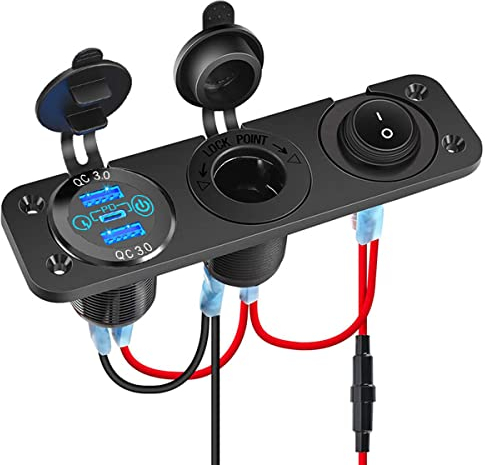 Pannello caricabatterie da auto, 12V-24 porte USB doppie QC3.0 + porta PD presa di ricarica con interruttore di tocco- adattatore accendisigari + interruttore ON/OFF (Pannello a 3 fori)