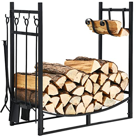 Tangkula 30 Inch Firewood Rack with 4 Tools Set, Fire Log Holder Storage Set with Brush, Shovel, Poker and Tongs, Fireplace Log Rack with Kindling Holders for Indoors and Outdoors