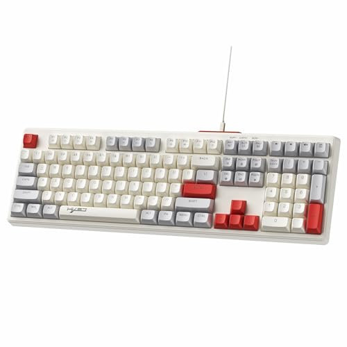 MAMBASNAKE V300 Tastiera da gioco cablata retrò da 108 tasti, tastiera a membrana a colori misti con retroilluminazione RGB, tastiera full size con tasti multimediali, US layout- Grigio Rosso