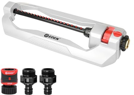 Eden 94111 Heavy Duty Metal Oscillating Sprinkler, Covers Up to 3,328 sq. ft., 20 Precision Nozzles, Flow Control, Adjustable Range, Quick Connect Bundle, Silver, Red, Black