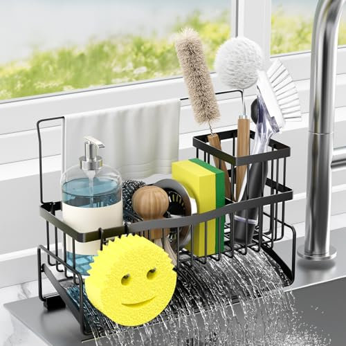 Adurei Kitchen Sink Caddy Sponge Holder for Kitchen Sink SUS304 Stainless Steel Rack with High Brush Holder Smiley Face Sponge Hook Towel Holder and Divider Gadgets Organizer for Counter, Black