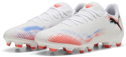 PUMA Future 8 Play Fg/Ag Fußballschuh für Unisex, Puma Weiß, PUMA Schwarz, leuchtendes Rot, 43 EU