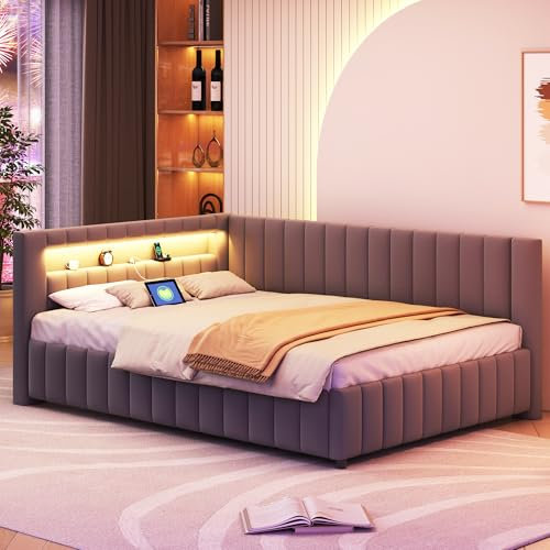 FEZTOY Polsterbett 140x200 mit LED und USB-Anschluss, Bettgestell mit Lattenrost,Tagesbett Schlafsofa Samtstoff Bettsofa Gästebett Jugendbett, ohne Matratze Grau