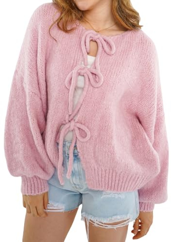 Y2K Cardigan à nouer sur le devant pour femme - Style décontracté et ample - Manches longues - Haut en tricot épais - Pour l'automne - Chaud - Streetwear, F-rose., S