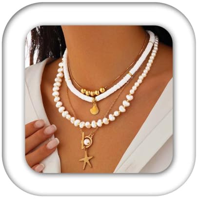 Reaky pärlhalsband guldpärlor halsband lager sjöstjärna halsband strandtillbehör för kvinnor och flickor (förpackning med 4), Adjustable, pärlor, /