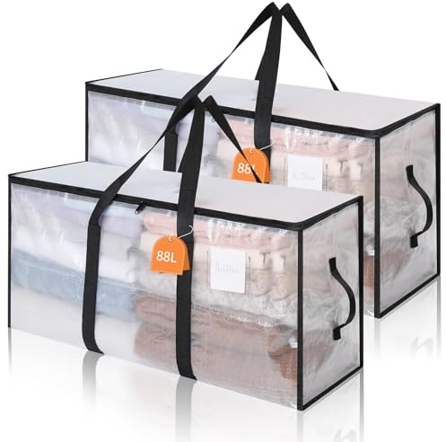 AiQInu 2 Piezas Bolsa Almacenaje 88 L, Impermeable Bolsas Mudanza Grandes Cremallera y Asa, Transparente Bolsa de Almacenamiento Ropa, Cajas Ordenacion Armario para Guardar Ropa Edredones