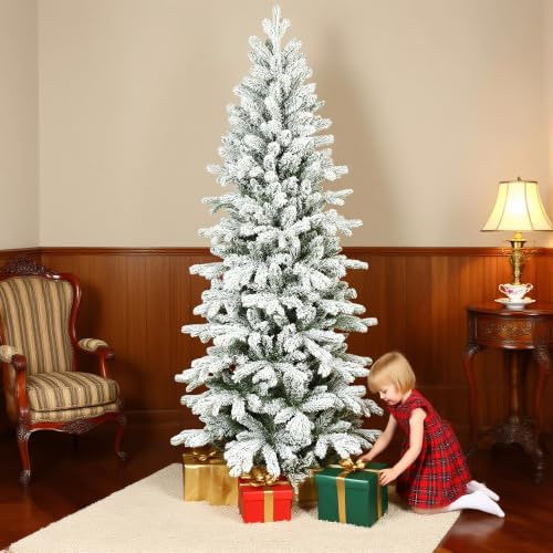 HOMCOM 6ft Flocked Christmas Tree Hinged Pencil Christmas Tree Green White | 756 Tips, Realistic Branches, Easy Assembly, Slim Shape, Artificial Xmas Home Decoration
