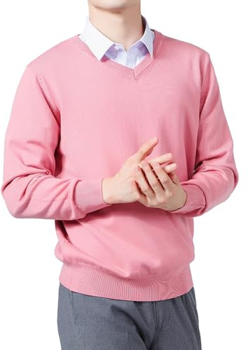 Suéter de Punto Informal Ajustado con Cuello en V para Hombre, Jersey de Manga Larga, suéter Cachemira Rosa, Talla XX-Large
