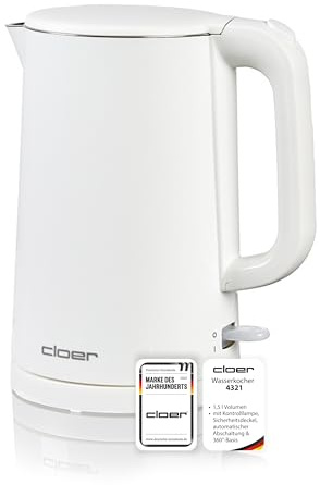 Cloer 4321 Wasserkocher 1,5 L,1500 W, Edelstahlbehälter & Deckel, automatische Abschaltung, Überhitzungsschutz, Einhandbedienung, Füllmengenmarkierung innen, Kontrollleuchte, Kunststoffgehäuse weiß