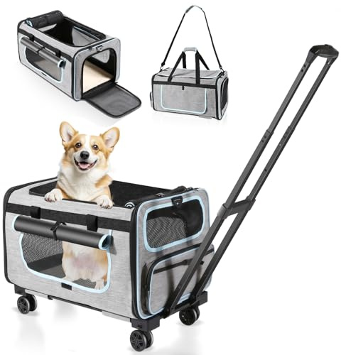 Wheelive Pet Carrier with Wheels for Cats and Dogs, Pet Bag with Detachable Wheels & Washable Plush Pad, Escape-Proof Zipper & Shoulder Strap, Portable Carrier for Outdoor and Car Travel(Max. 40 lbs)