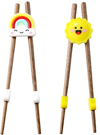 2 Pares Palillos Chinos de Entrenamiento Bonitos, Antideslizante Reutilizable Palillos de Madera, Palillo Auxiliares Desmontables para Principiantes, Diseños de sol y Arcoíris