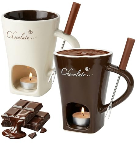 2 stycken chokladfondue-koppar – uppsättning av 2 keramiska chokladfondue-koppar med gaffel och värmeljus för alla hjärtans dag och jul, chokladfontänset för ost smör, karamell, 130 ml (vit och brun)