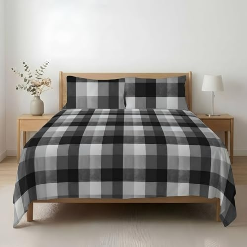 Etrexonline Conjunto de Sábanas 3 Piezas Cama 105 cm - Microfibra Ultra Suave Incluye 1 Bajera 105x200+28 cm, 1 Encimera 180x270 cm, y 1 Funda de Almohada 50x130 cm - Color Cuadros Blanco y Negro