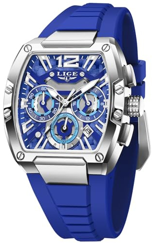 LIGE Montre Homme Tonneau - Montre Quartz Chronographe Analogique avec | Bracelet Silicone, Aiguilles Lumineuses & Date, Étanche 3ATM, Style Sport Business, Idée Cadeau Homme