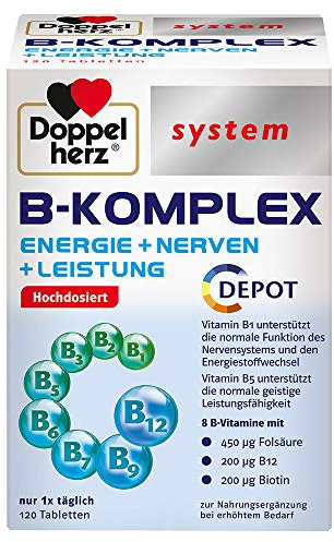 Doppelherz system B-KOMPLEX – ENERGIE + NERVEN + LEISTUNG – B-Vitamine unterstützen die normale Funktion des Nervensystems und den normalen Energiestoffwechsel – 120 Tabletten