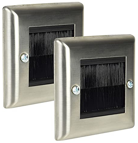Ex-Pro 2 Pack Brush Wall Plate, Single Gang Steel Flush Wall Mounted Faceplate for Outlets, Sockets and Tidy Wire and Cable - Silver