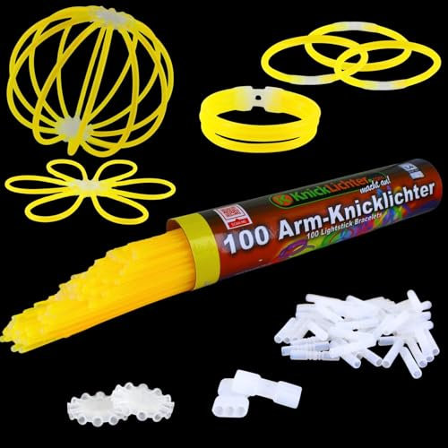 NEON FUN 100 Arm Knicklichter GELB Geprüfte Qualität Testurteil 1,4 sehr gut 8h 100 hoch elastische Verbinder 2 Dreifach Connectoren 2 Kreisverbinder, Menge:1 Rolle