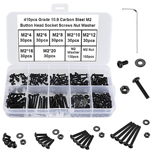 FandWay 410 Piezas Tornillos Cabeza de Redonda con Hexagonal Tornillos de Cabeza Allen en Alomada,M2 Tornillos de Máquina Rosca Completa Acero al Carbono 10.9 Negro con Tuercas Arandelas 1 llave.