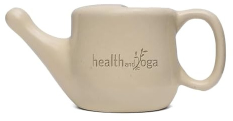 HealthAndYoga⢠SoulGenie Flojar Ceramic Jala Neti Pot with Nostril Plugging Support ā Better Capacity - Holds 8.50 oz or 250 ml ā Spill Proof Nose Wash Netty Pot with Comfort Grip - (Beige)