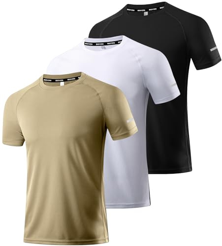 Men's 3 Pack Workout Running Shirts, Dry Fit Moisture Wicking T-Shirts, Sports Gym Athletic Short Sleeve T Shirts for Men Black/White/Khaki-3P12-L