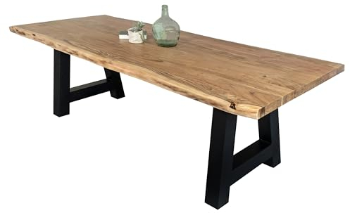 SAM Esstisch 240 x 100 cm Cali, Baumkantentisch naturfarben, Akazienholz massiv, A-Gestell aus Metall Schwarz, aufgedoppelte Kanten 25+25 mm