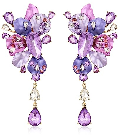 EVER FAITH Morado Mariposa Pendientes, Strass Brillante Esmalte Colgante de gota Largo Lámpara Pendientes para Mujeres Niñas Adolescentes, Cristal, Sin piedra preciosa