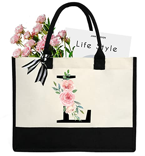 SUNDEE Borsa da spiaggia in tela con iniziale personalizzata, borsa tote in tela con tasca interna con cerniera, borsa da regalo con monogramma per matrimoni, compleanni, Lettera L nera