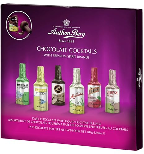 Anthon Berg - Cioccolatini Ripieni di Liquore Mix Cocktails, Confezione Regalo Elegante, Originali dalla Danimarca, 187 Grammi, 12 Pezzi
