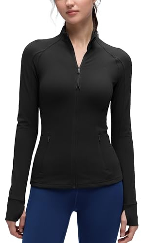 CRZ YOGA Butterluxe Hip Length Jackets for Women - Full Zip Athletic Track Tops with Thumb Holes Pockets Black Medium