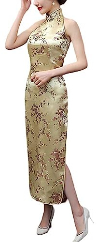 Dam halterneck ärmlös kinesisk cheongsam mandarin krage sida delad lång Qipao festklänning outfit, Plommon guld, M