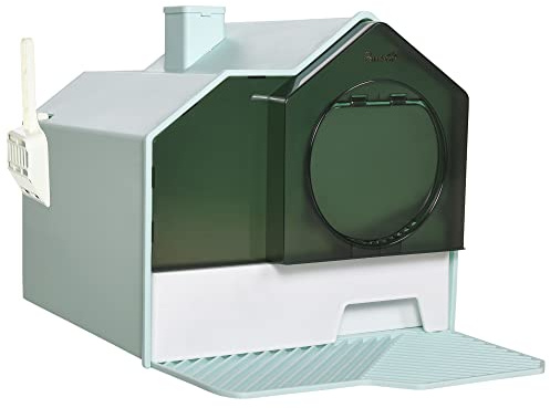PawHut Maison de Toilette bac à litière pour Chat Design maisonnette avec Porte battante, Pelle, Filtre et Tapis Inclus dim. 47L x 45l x 42H cm - Bleu