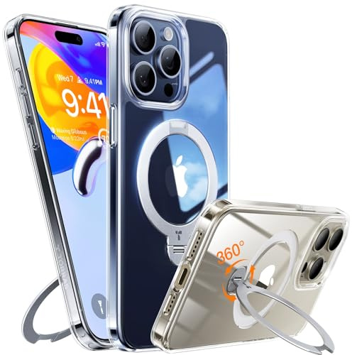 TORRAS Ostand Q3 Spin für iPhone 15 Pro Hülle (360° Magnetischer Unsichtbarer Ständer) Zertifizierte Militärschutz, MagSafe Kompatibel, Stoßfest Diamant-Klar Anti-Vergilbung Transparent