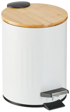Relaxdays 3 L Pattumiera Bagno a Pedale, Cestino con Secchio Rimovibile e Coperchio Ammortizzato, Ferro e bambù, Bianco