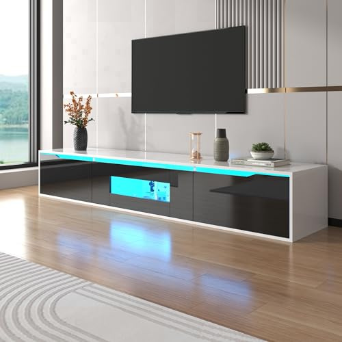 Merax High-gloss TV Cabinet in High-Gloss Black, LED TV Stand Cabinet with Colour-Changing LED Lights