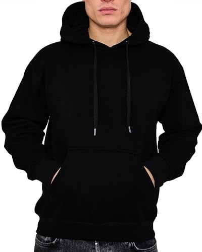 LABEL APPAREL Mens Pullover Fleece Hoodie 300GSM Sweatshirt Plain Hoody Work Hooded Jumper Ribbed Cuff Long Sleeve Pull Over Top, Black, 3XL