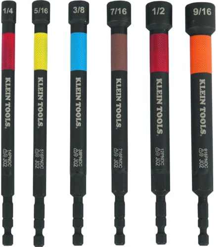 Klein Tools 32930 SAE Magnetic Impact Nut Setter Set, 6-Piece Color Coded Power Nut Driver with Extended Reach, 6 SAE Sizes