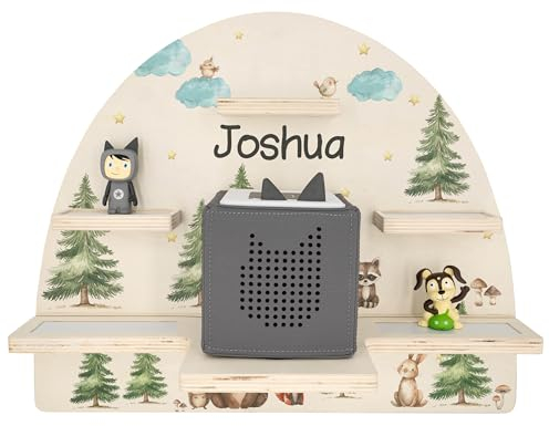 Geschenkfreude Personalisiertes Toniebox Regal für Kinderzimmer - Kinder Wandregal für Tonie Hörfiguren - Magnetisch Tonie Wandregal zur aufbewahrung von Tonieboxen und Figuren – Waldtiere