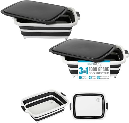 BIRDROCK HOME 2-pack Collapsible BBQ Prep Tub w/Cutting Board, Multi-Function Grill Caddy w/Colander & Lid, Portable Silicone Dish Bowl for Picnic, Tailgate, Camping (Black, Large)