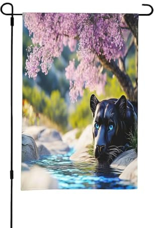 Il leopardo accanto al fiore lilla bandiere da giardino primaverile per esterni, perfette per decorazioni pasquali e decorazioni primaverili all'aperto